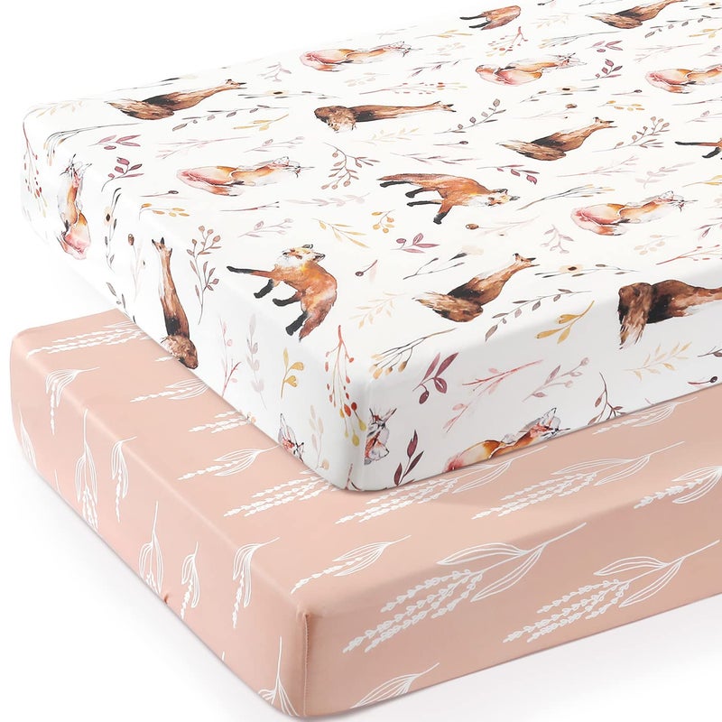 GRSSDER Stretch Ultra Soft Jersey Knit Fitted Crib Sheets Set 2 Pack，Fits All Standard Crib Mattress Pads Safe and Snug, Crib Fitted Sheet for Baby, Pretty Fox for Girls - Image 2