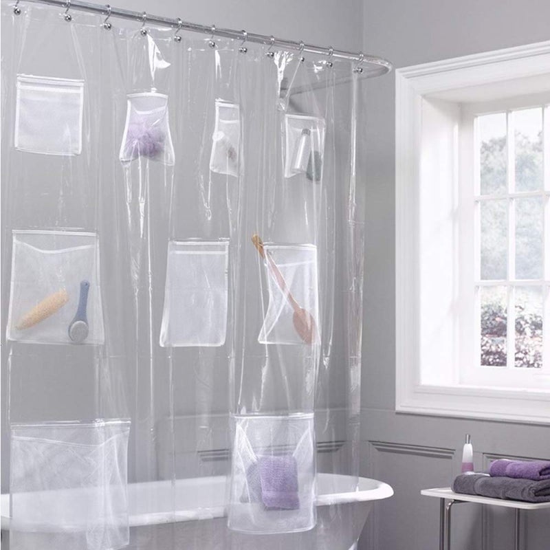 Mateda Mateda Waterproof Fabric Shower Curtain or Liner Bath Organizer with 9 Mesh Pockets Clear 