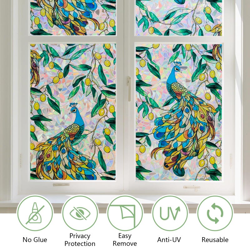 Kromapolis Window Privacy Film, Stained Glass Sticker Floral Window Clings, Decorative Static Clings UV Blocking Colorful Decals, Removable Vinyl Covering Rainbow Peacock, 17.5'' x 78.7'' - Image 3