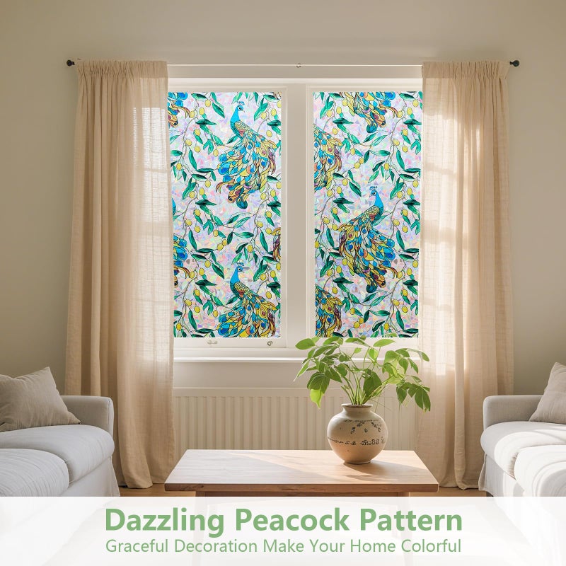 Kromapolis Window Privacy Film, Stained Glass Sticker Floral Window Clings, Decorative Static Clings UV Blocking Colorful Decals, Removable Vinyl Covering Rainbow Peacock, 17.5'' x 78.7'' - Image 2