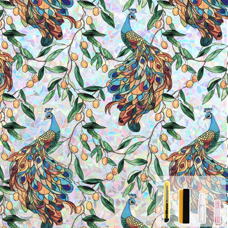 Kromapolis Window Privacy Film, Stained Glass Sticker Floral Window Clings, Decorative Static Clings UV Blocking Colorful Decals, Removable Vinyl Covering Rainbow Peacock, 17.5'' x 78.7'' - Image 1