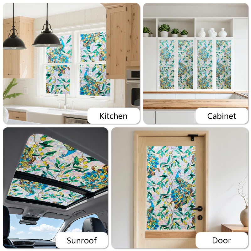 Kromapolis Window Privacy Film, Stained Glass Sticker Floral Window Clings, Decorative Static Clings UV Blocking Colorful Decals, Removable Vinyl Covering Rainbow Peacock, 17.5'' x 78.7'' - Image 5