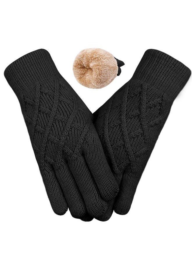 HOPSOOKEN Winter Wool Gloves for Women Men Warm Touch Screen Fleece Lined Elastic Knit Snow Gloves for Cold Weather, Black, One size - Image 1