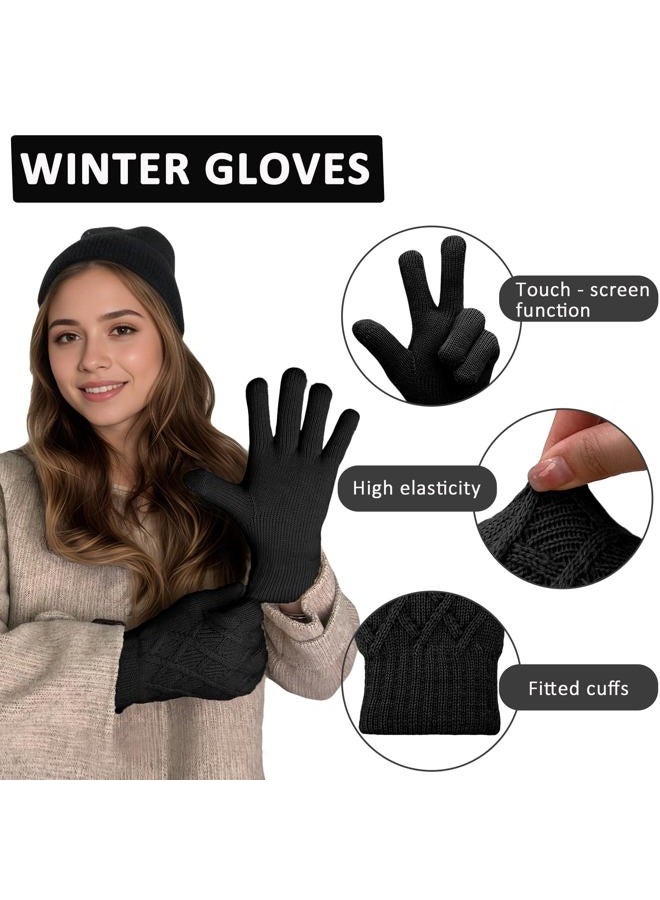 HOPSOOKEN Winter Wool Gloves for Women Men Warm Touch Screen Fleece Lined Elastic Knit Snow Gloves for Cold Weather, Black, One size - Image 3