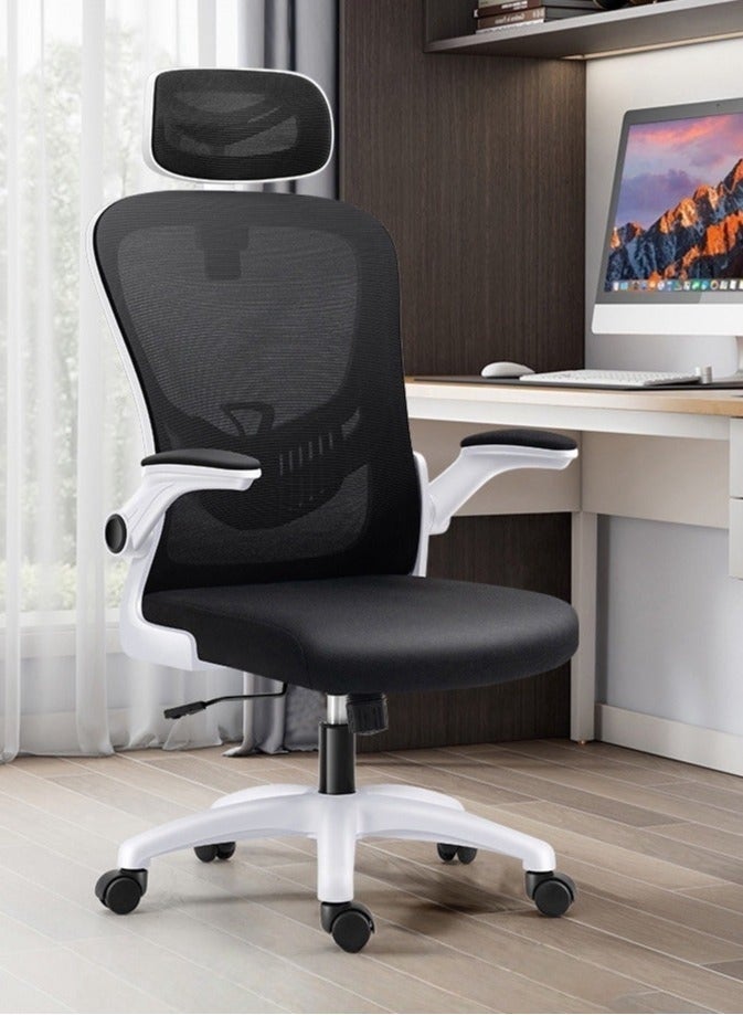 كرسي مكتب مريح، كرسي مكتب قابل للتعديل الارتفاع ومسند الرأس مع دعم قطني وعجلات للعمل والدراسة والألعاب، كرسي كمبيوتر دوار للمنزل والمكتب (أبيض، V3) - Image 2