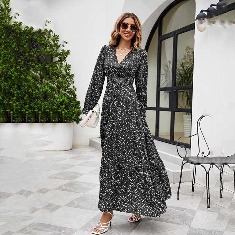 Spring Gentle Womens Elegant V-neck Long-sleeved dress Autumn and Winter Waist Slimming Coat Inner Long Skirt Black Wave Point