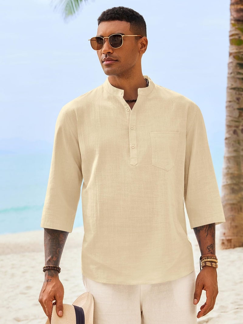 Runcati Mens Casual Henley Shirts 3/4 Sleeve Band Collar Cotton Linen Shirt Summer Beach Hippie T-Shirts with Pocket Beige - Image 2