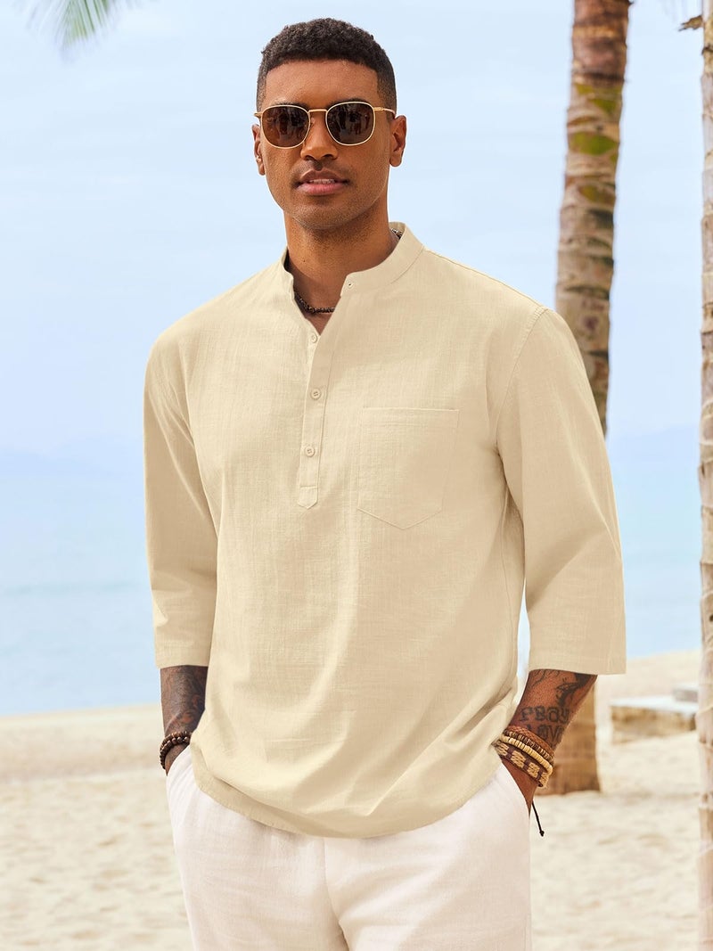 Runcati Mens Casual Henley Shirts 3/4 Sleeve Band Collar Cotton Linen Shirt Summer Beach Hippie T-Shirts with Pocket Beige - Image 3