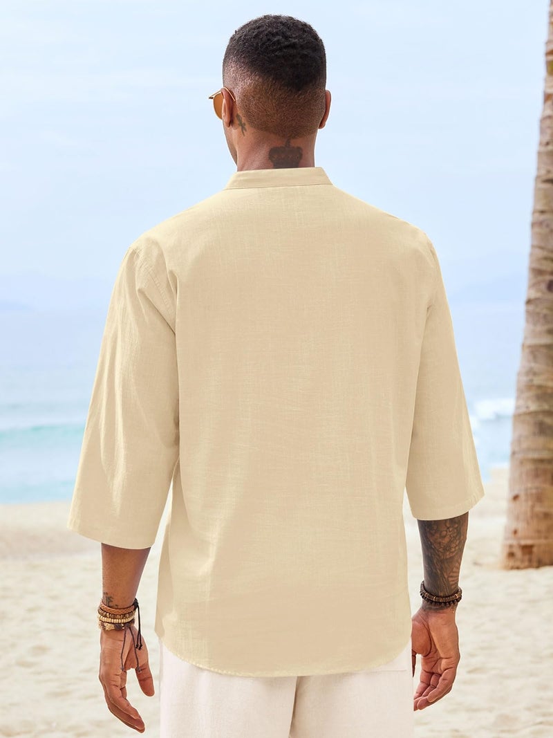 Runcati Mens Casual Henley Shirts 3/4 Sleeve Band Collar Cotton Linen Shirt Summer Beach Hippie T-Shirts with Pocket Beige - Image 4