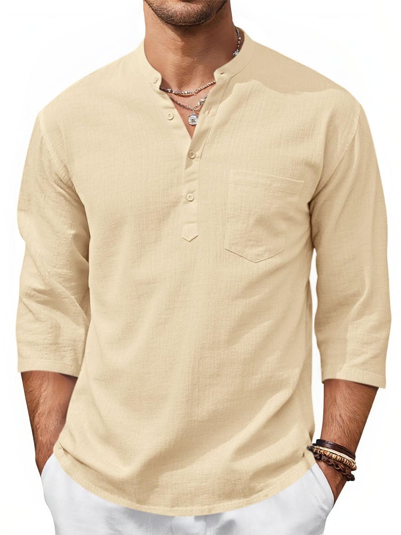 Runcati Mens Casual Henley Shirts 3/4 Sleeve Band Collar Cotton Linen Shirt Summer Beach Hippie T-Shirts with Pocket Beige - Image 1