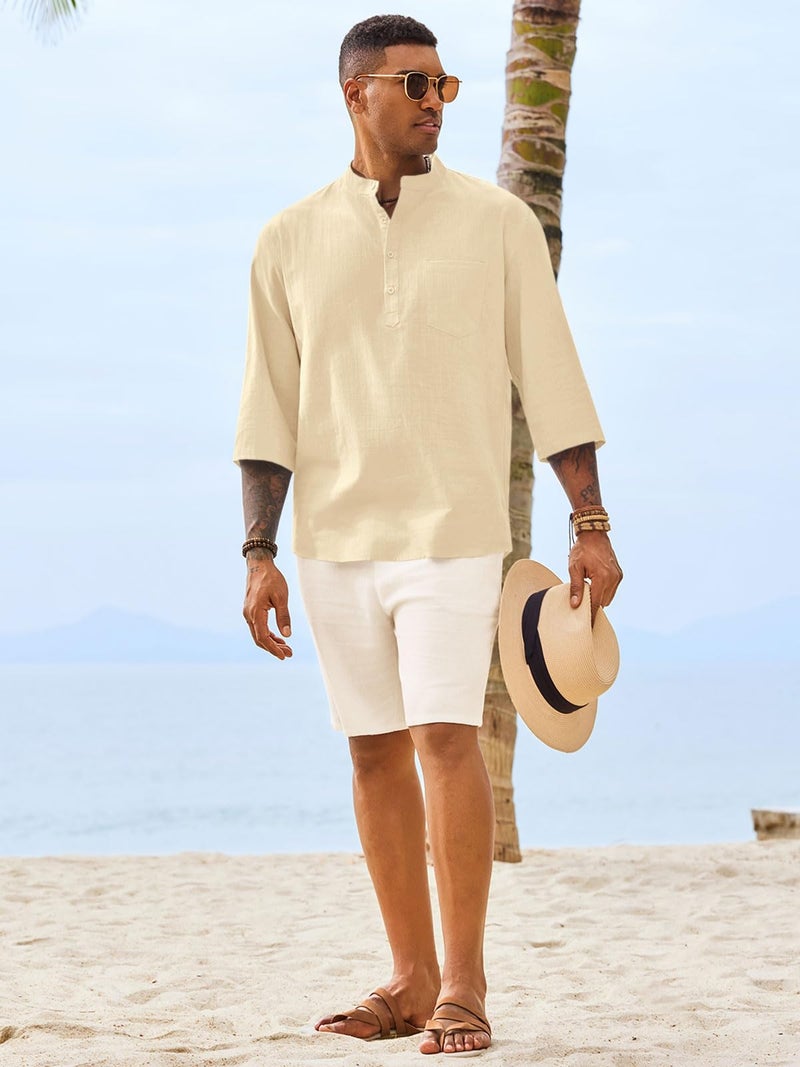 Runcati Mens Casual Henley Shirts 3/4 Sleeve Band Collar Cotton Linen Shirt Summer Beach Hippie T-Shirts with Pocket Beige - Image 5