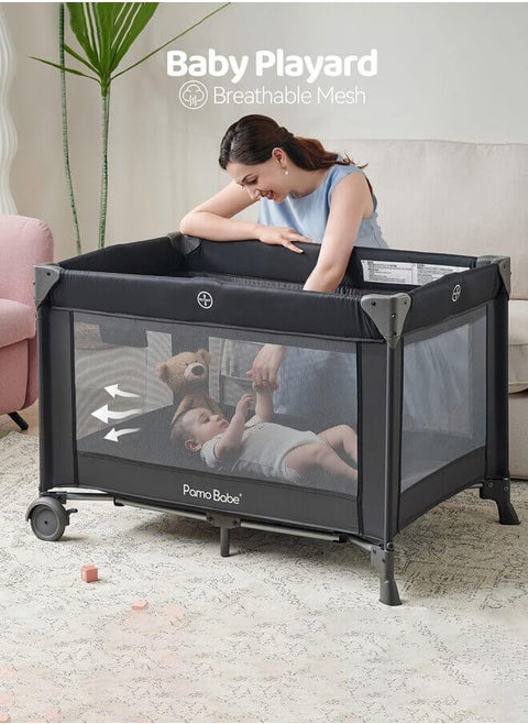 Portable Playard with Bassinet in Black, Lightweight Packable and Easy Setup Baby Playard with Mattress and Travel Bag