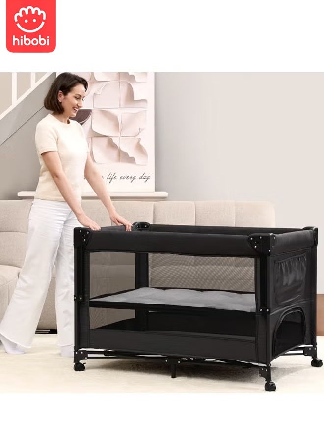 hibobi Portable Playard in Black with Carrybag an Shoulder Strap, Lightweight, Packable and Easy Setup Baby Playard, Breathable Mesh Sides and Soft Fabric - Comes with a Removable Padded Mat - Image 1