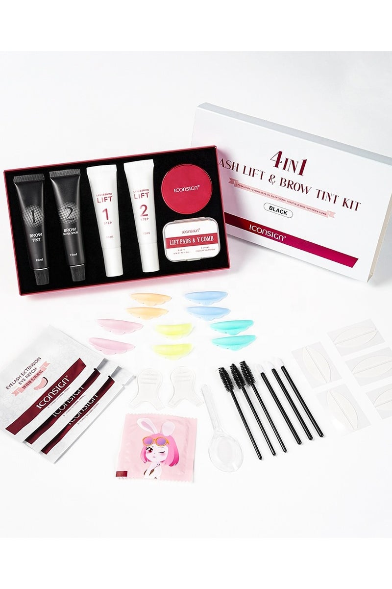 إيكونساين مجموعة الرموش والحواجب 4 في 1 رفع الرموش، وتغليف الحواجب، وصبغة (أسود/بني/قهوة) - تجعيد الكيراتين، تركيبة نباتية، تجعيدات طويلة الأمد وحواجب كاملة - نتائج صالون احترافية في المنزل! - Image 3