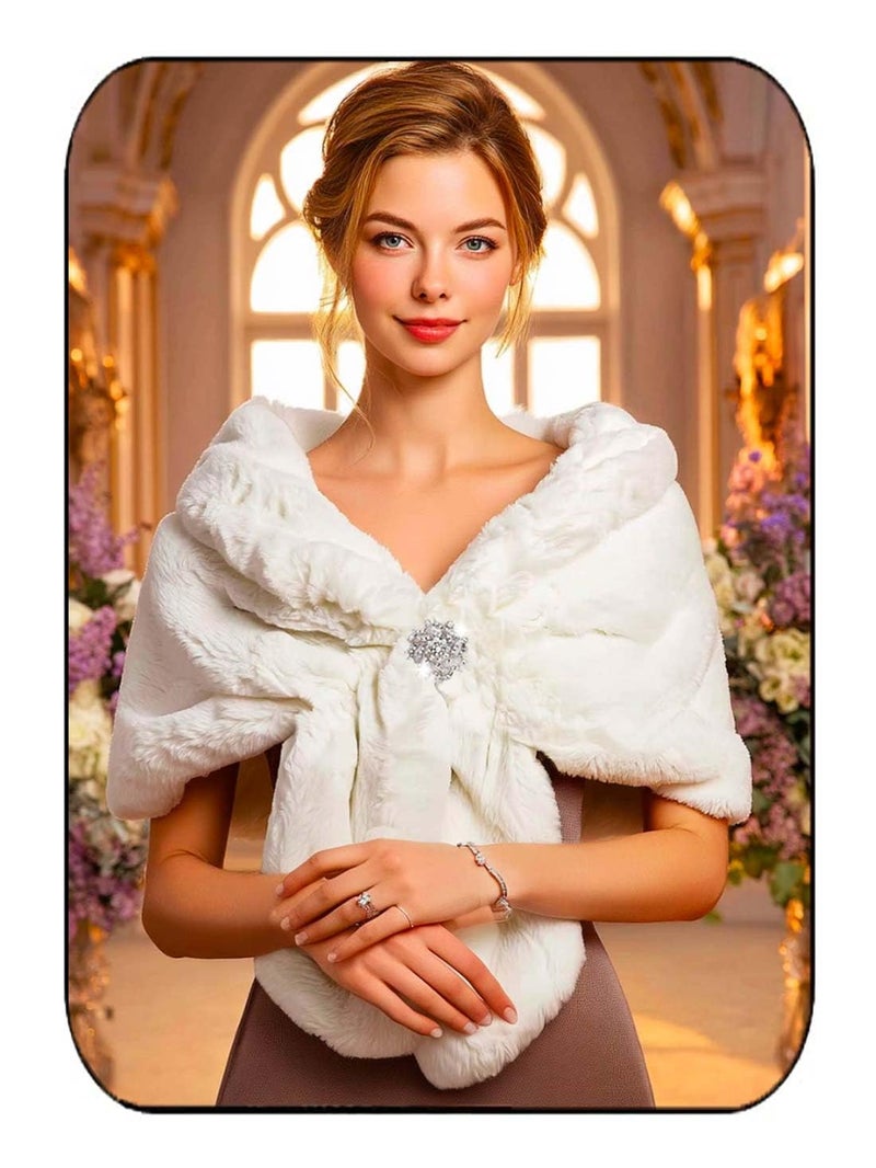 EASEDAILY Women's Fur Shawls and Wraps Wedding Fur Scarf Faux Bridal Stole with Brooch for Brides and Bridesmaids (A white) (A-white, US 4-14 (S-M)) - Image 1