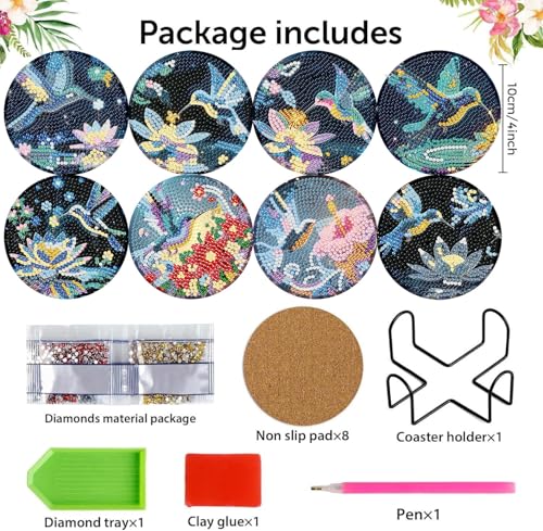mrpwnle 8 Pieces Diamond Art Coasters Kits-Hummingbird Diamond Painting Coasters Kits with Holder Cork Pads DIY Bird Diamonds Art Coaster Set for Adults Beginners Crafts Supplies - Image 2