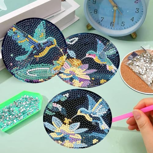 mrpwnle 8 Pieces Diamond Art Coasters Kits-Hummingbird Diamond Painting Coasters Kits with Holder Cork Pads DIY Bird Diamonds Art Coaster Set for Adults Beginners Crafts Supplies - Image 3