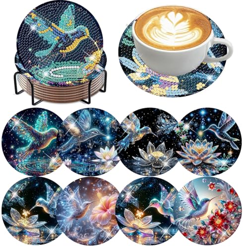 mrpwnle 8 Pieces Diamond Art Coasters Kits-Hummingbird Diamond Painting Coasters Kits with Holder Cork Pads DIY Bird Diamonds Art Coaster Set for Adults Beginners Crafts Supplies - Image 1