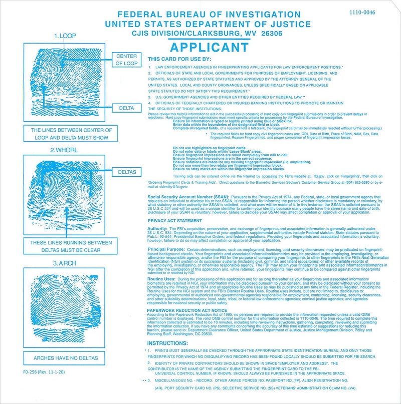 Crime Scene ATF FD-258 Fingerprint Cards - Pack of 50 - Image 2