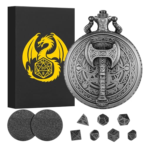 Keller & Weber Mini DND Dice Set With Steampunk Barbarian Axe Pocket Watch Shell Case 7pcs Polyhedral Metal Dice Set DD Gifts With Gift Box Role Playing Board Games Accessories Dark Silver - Image 1