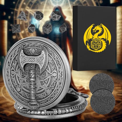 Keller & Weber Mini DND Dice Set With Steampunk Barbarian Axe Pocket Watch Shell Case 7pcs Polyhedral Metal Dice Set DD Gifts With Gift Box Role Playing Board Games Accessories Dark Silver - Image 5