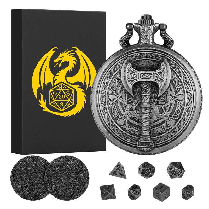 Keller & Weber Mini DND Dice Set With Steampunk Barbarian Axe Pocket Watch Shell Case 7pcs Polyhedral Metal Dice Set DD Gifts With Gift Box Role Playing Board Games Accessories Dark Silver - Image 3