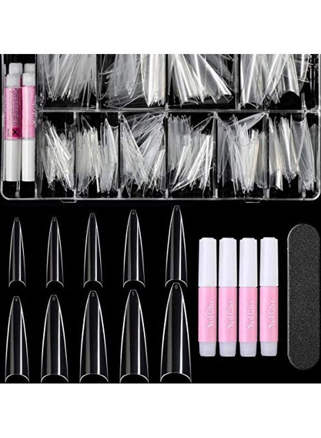 NIBEMINENT 600-Piece Long Clear Half Cover False Nail Tips Set with 4 Glues and File Box - Image 1