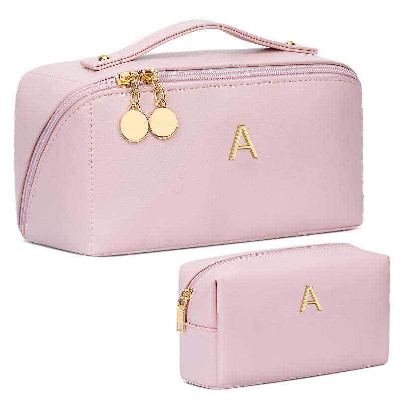 CLOUDWINGS Birthday Gifts for Women Teen Girl, Personalized Initial Makeup Organizer Bag Set, Open Flat Travel Cosmetic Bag With Clear Divider and Handle(Pink,A) - Image 1
