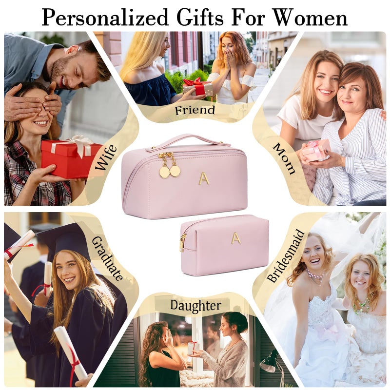 CLOUDWINGS Birthday Gifts for Women Teen Girl, Personalized Initial Makeup Organizer Bag Set, Open Flat Travel Cosmetic Bag With Clear Divider and Handle(Pink,A) - Image 2