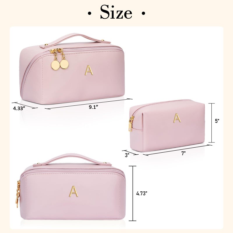 CLOUDWINGS Birthday Gifts for Women Teen Girl, Personalized Initial Makeup Organizer Bag Set, Open Flat Travel Cosmetic Bag With Clear Divider and Handle(Pink,A) - Image 5