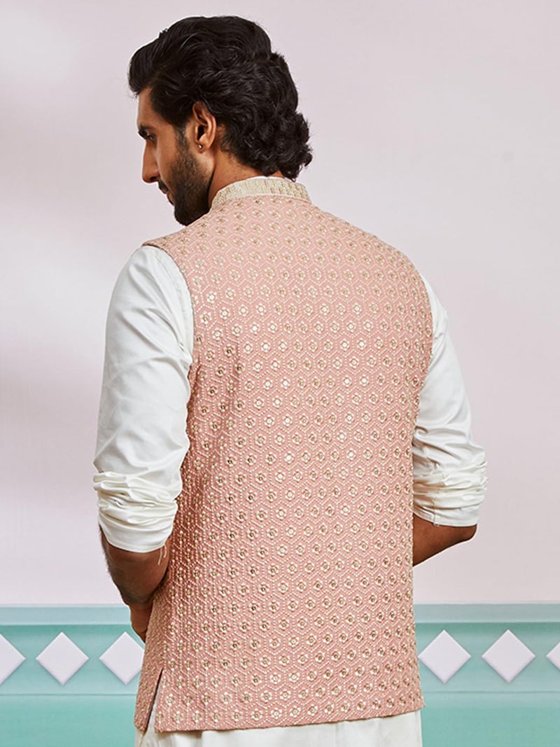 VASTRAMAY Men's Peach - Nehru Jacket - This men's embroidered Nehru jacket,perfect blend of elegance and tradition. - Image 4