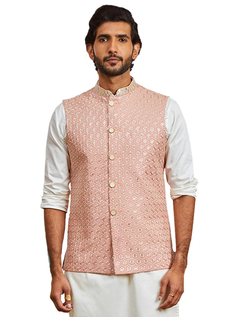 VASTRAMAY Men's Peach - Nehru Jacket - This men's embroidered Nehru jacket,perfect blend of elegance and tradition. - Image 1
