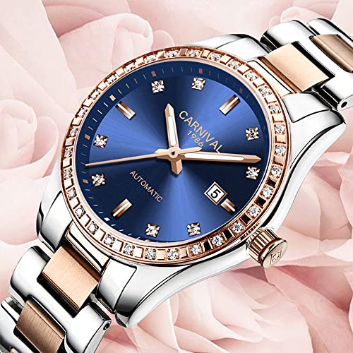 Carnival Women's Diamond Automatic Mechanical Rose Gold Stainless Steel Sapphire Waterproof Lady's Elegant Blue Watch (Blue dial) - Image 2
