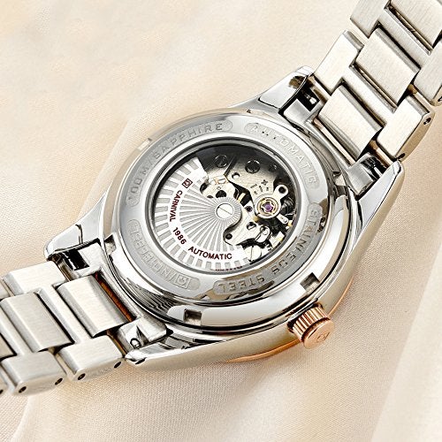 Carnival Women's Diamond Automatic Mechanical Rose Gold Stainless Steel Sapphire Waterproof Lady's Elegant Blue Watch (Blue dial) - Image 3