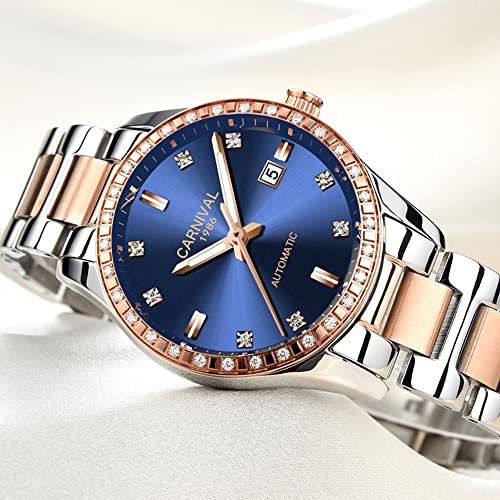 Carnival Women's Diamond Automatic Mechanical Rose Gold Stainless Steel Sapphire Waterproof Lady's Elegant Blue Watch (Blue dial) - Image 4