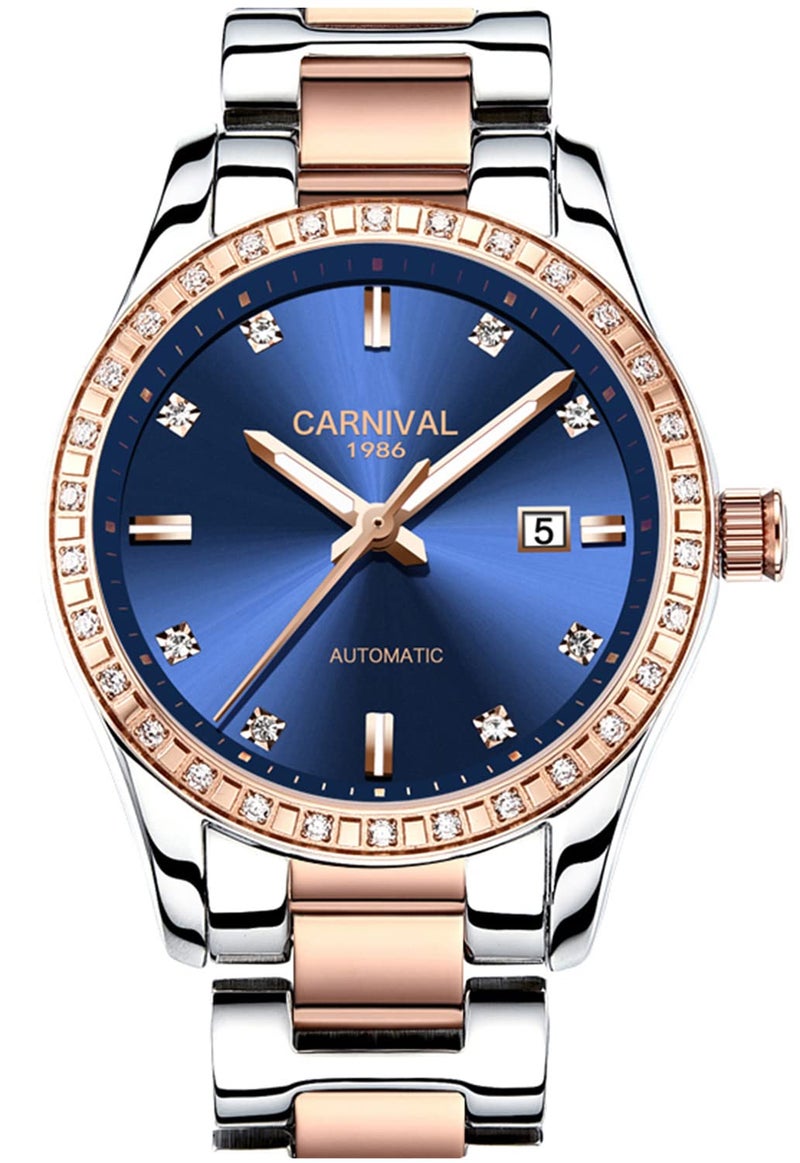 Carnival Women's Diamond Automatic Mechanical Rose Gold Stainless Steel Sapphire Waterproof Lady's Elegant Blue Watch (Blue dial) - Image 1