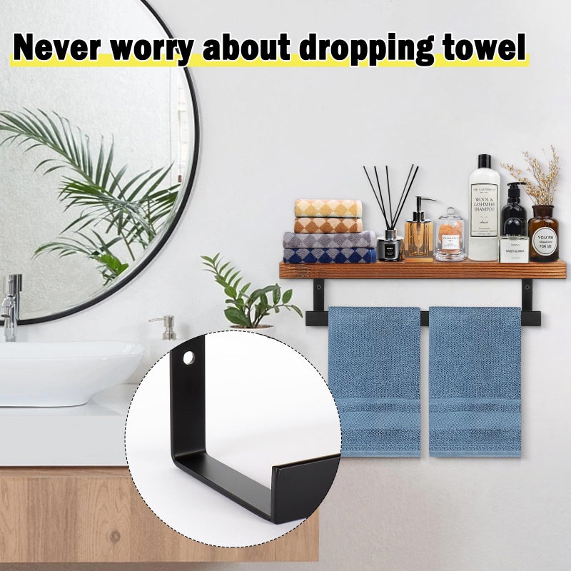 Winmien Hand Towel Holder/Towel Ring with Wooden Shelf, Hand Towel Rack, Hand Towel Hanger for Bathroom, Bath Accessories Wall Mounted, Matte Black (12"-Squ Shaped) - Image 3