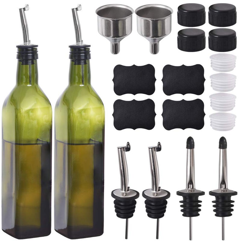 Newk Olive Oil Bottle 17 oz500 ml Glasses Oil  Vinegar Cruet with Pourers  Funnel Olive Oil Dispensing Cruets Decanter Carafe for Kitchen  Green Set of 2