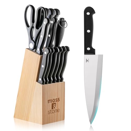 Moss & Stone 14 Pcs Knife Block Set Stainless Steel, Premium Forged Kitchen Knives Set with High-Carbon Blades, Ergonomic Handle, Sharp Blade, Rust Resistant, Modern Style for Home & Chef, Black - Image 1