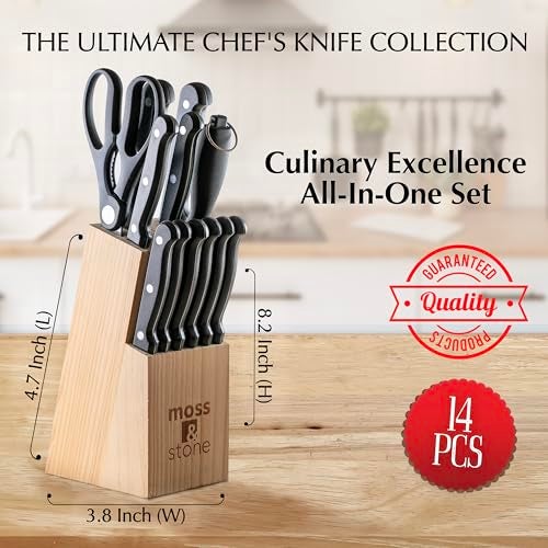 Moss & Stone 14 Pcs Knife Block Set Stainless Steel, Premium Forged Kitchen Knives Set with High-Carbon Blades, Ergonomic Handle, Sharp Blade, Rust Resistant, Modern Style for Home & Chef, Black - Image 4