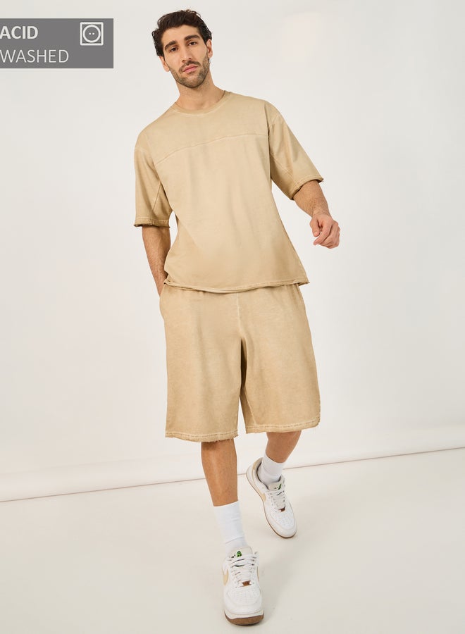 Styli Heavy Terry Acid Washed T-Shirt and Raw Hem Detail Short Co-Ords  - Image 1