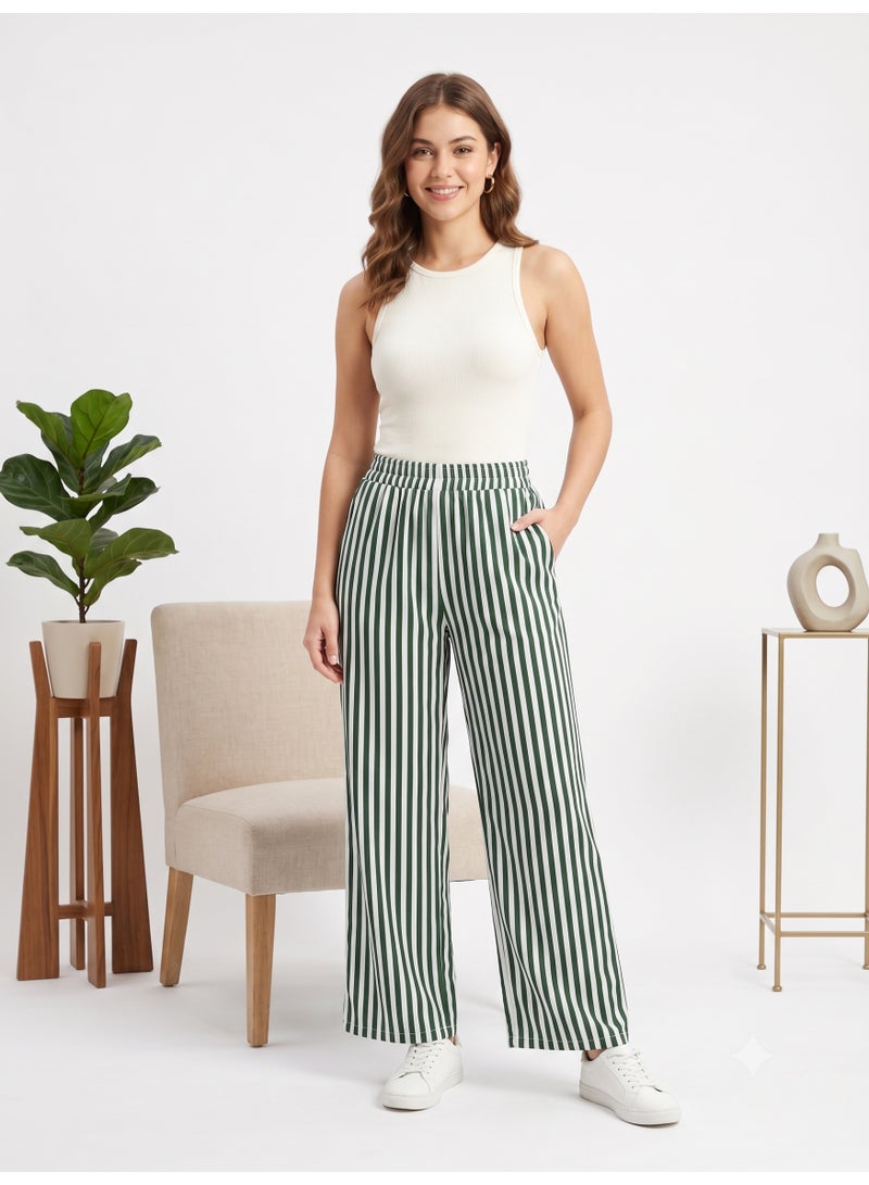Soft Steps Women's Wide Leg Striped Pants – High Waist Casual Relaxed Fit Trousers with Elastic Waistband - Image 1