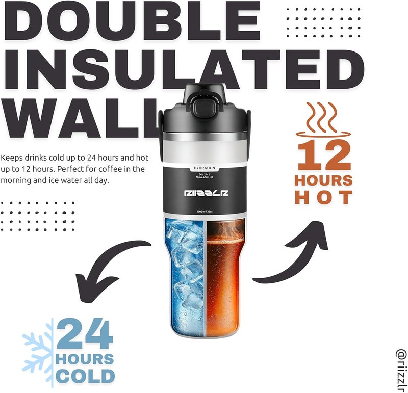 Riizzlr 1000ml Insulated Water Bottle Tumbler with 2-in-1 Straw & Sip Lid – Stainless Steel Vacuum Flask, Double Wall, BPA-Free, Leakproof, Wide Mouth, Keeps Drinks Hot 12H / Cold 24H (Black) - Image 5