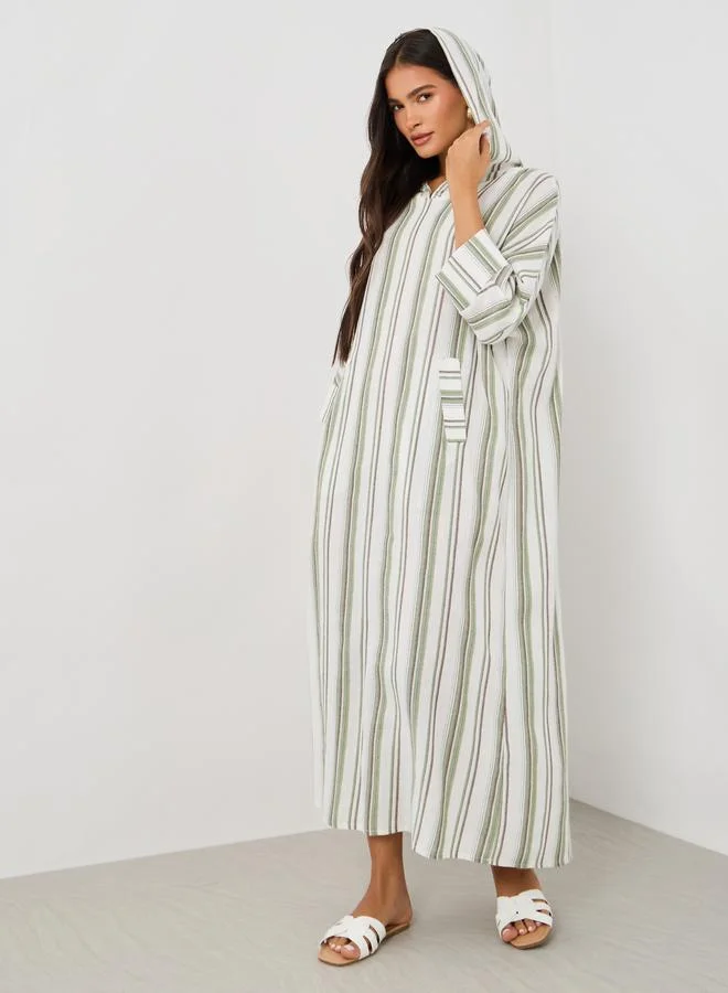 Take Two Take Two Striped Hooded Pocket Detail Long Sleeve Jalabiya