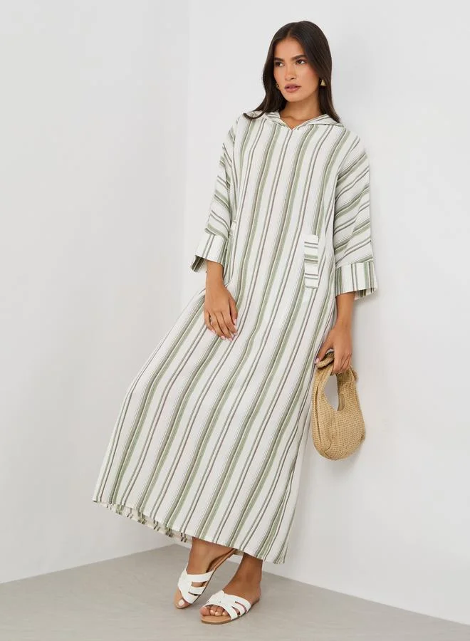 تايك تو Take Two Striped Hooded Pocket Detail Long Sleeve Jalabiya