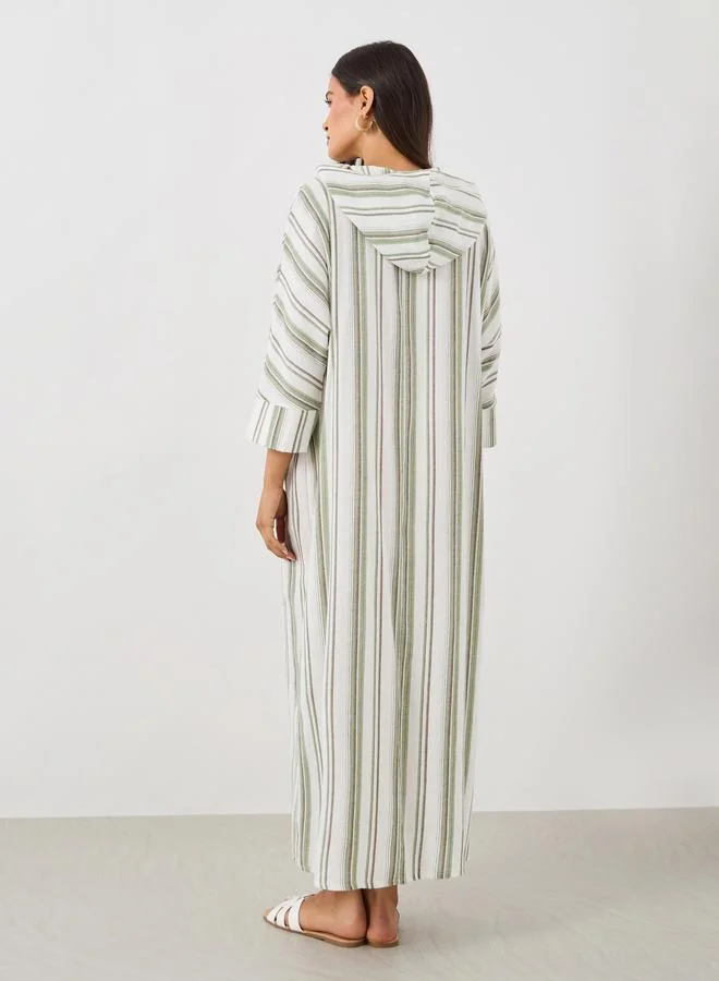 Take Two Take Two Striped Hooded Pocket Detail Long Sleeve Jalabiya