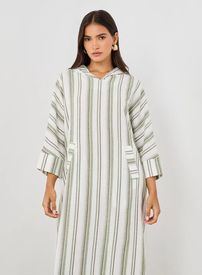 Take Two Take Two Striped Hooded Pocket Detail Long Sleeve Jalabiya