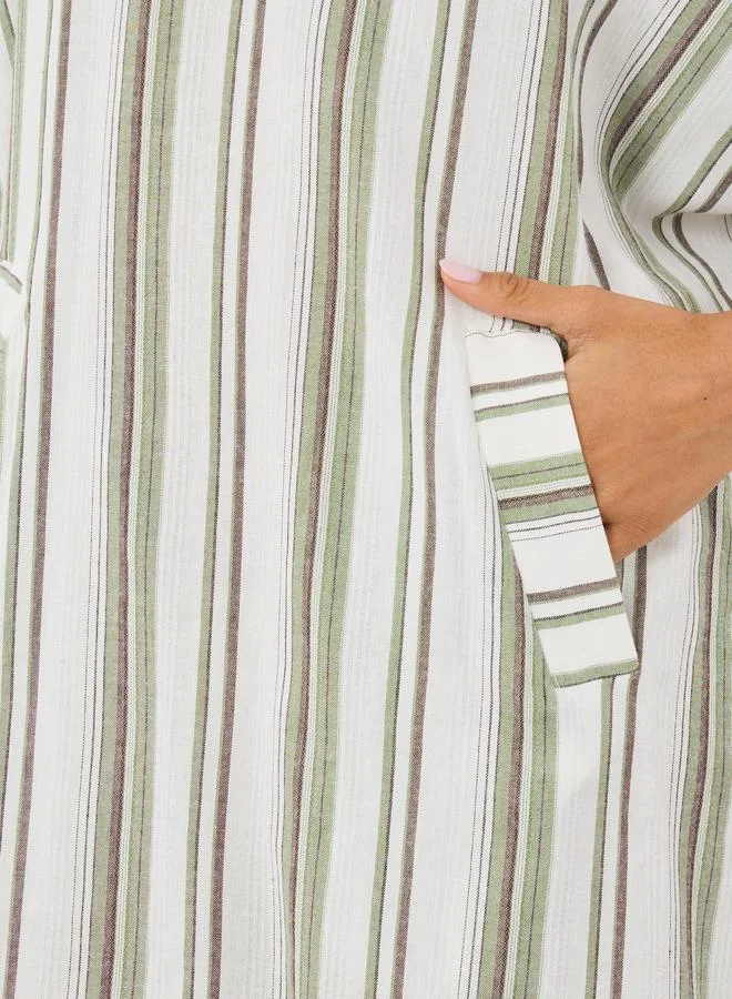 Take Two Take Two Striped Hooded Pocket Detail Long Sleeve Jalabiya