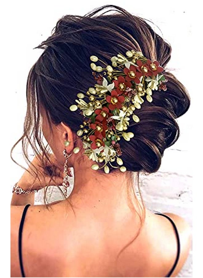Hair Flare Hair Flare Floral Hair Vein for Women, Artificial Flower Hair Accessories, Hair Pin for Girls - Maroon, 2205  - Image 3