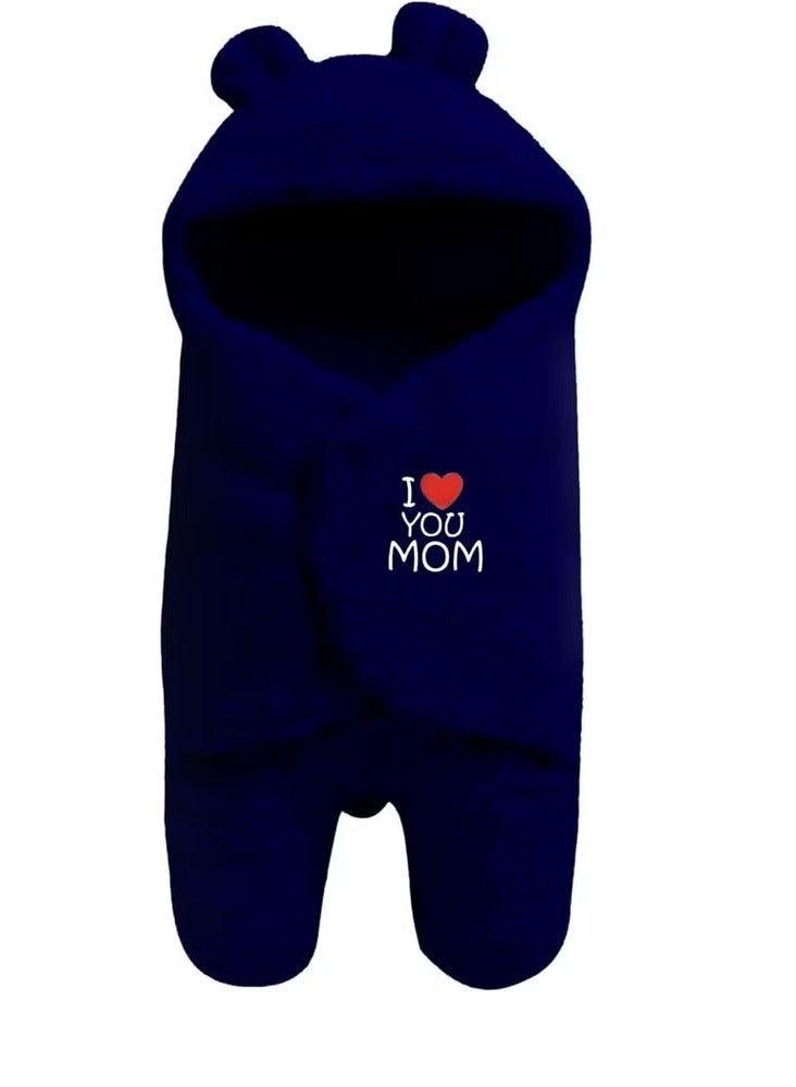 OYO BABY Newborn Hooded Baby Blanket with Embroidery – Wearable Wrapper Sleeping Bag (0-6 Months, Dark Blue, I Love MOM) - Image 1